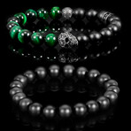 Skull + Matte Onyx + Green Tiger Eye Stone Stretch Bracelets // Set of 2 // 8.25"