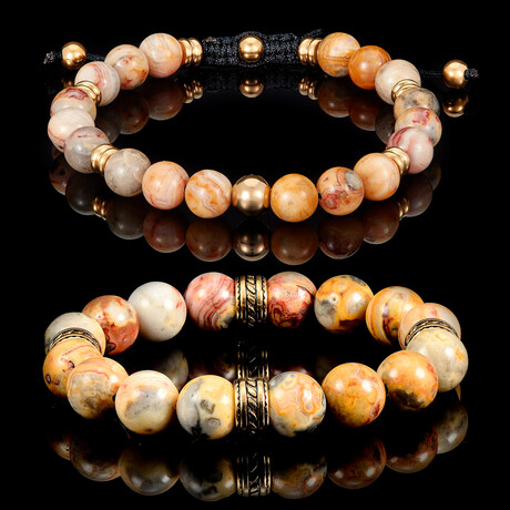 Crazy Lace Agate + Gold Plated Steel Accents Stone Stretch Bracelets // Set of 2 // 8"