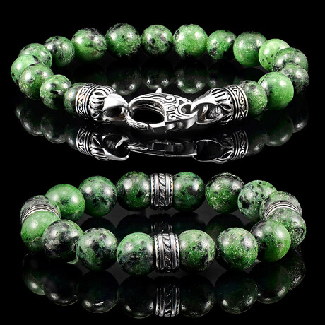 Unakite Stone + Stainless Steel Accents Stone Bracelets // Set of 2 // 8"