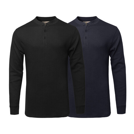 Mens Thermal Henley Long Sleeves Shirts // Black + Navy (S)