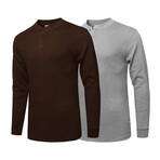 Mens Thermal Henley Long Sleeves Shirts // Brown + Grey (M)