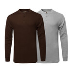Mens Thermal Henley Long Sleeves Shirts // Brown + Grey (M)