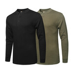 Mens Thermal Henley Long Sleeves Shirts // Black + Olive (XL)