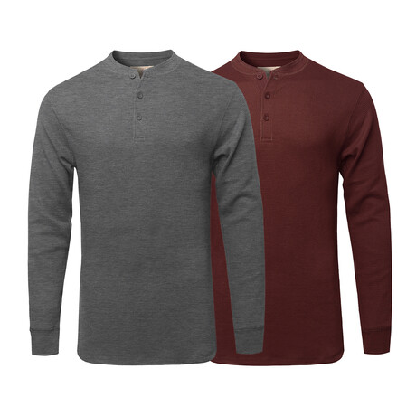 Mens Thermal Henley Long Sleeves Shirts // Charcoal + Burgundy (S)