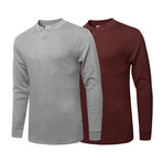 Mens Thermal Henley Long Sleeves Shirts // Grey + Burgundy (S)