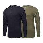 Mens Thermal Henley Long Sleeves Shirts // Navy + Olive (M)
