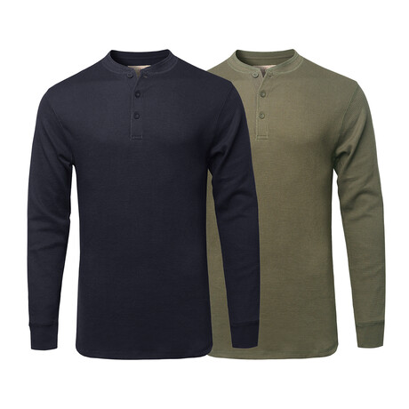 Mens Thermal Henley Long Sleeves Shirts // Navy + Olive (S)