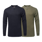 Mens Thermal Henley Long Sleeves Shirts // Navy + Olive (M)
