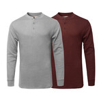 Mens Thermal Henley Long Sleeves Shirts // Grey + Burgundy (S)