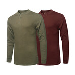 Mens Thermal Henley Long Sleeves Shirts // Olive + Burgundy (XL)