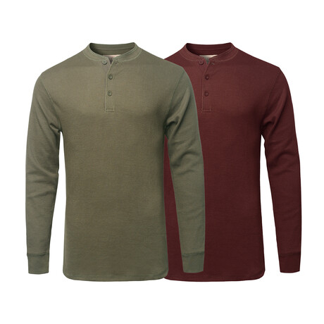 Mens Thermal Henley Long Sleeves Shirts // Olive + Burgundy (S)