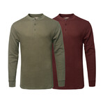 Mens Thermal Henley Long Sleeves Shirts // Olive + Burgundy (XL)