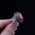 925 Sterling Silver Tiger's Eye Stone with Sword Details Men's Ring // Silver + Brown (9.5)