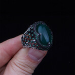 925 Sterling Silver Green Agate Stone Men's Ring // Silver + Green (6.5)