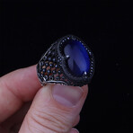 925 Sterling Silver Blue Tiger's Eye Stone Men's Ring // Silver + Blue (7)