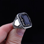 925 Sterling Silver Black Zircon Stone Men's Ring V2 // Silver + Black (8)