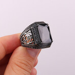 925 Sterling Silver Black Zircon Stone Men's Ring V1 // Silver + Black (10)