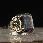 925 Sterling Silver Mystic Topaz Stone Men's Ring V3 // Silver + Black + Purple + Green (8.5)