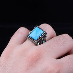 925 Sterling Silver Square Turquoise Stone Men's Ring V1 // Silver + Blue (6.5)