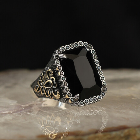 925 Sterling Silver Black Zircon Stone Men's Ring V3 // Silver + Black (6.5)