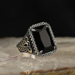 925 Sterling Silver Black Zircon Stone Men's Ring V3 // Silver + Black (8.5)