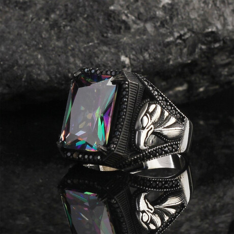 925 Sterling Silver Mystic Topaz Stone with Eagle Men's Ring // Silver + Black + Purple + Green (6.5)