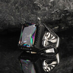 925 Sterling Silver Mystic Topaz Stone with Eagle Men's Ring // Silver + Black + Purple + Green (10.5)