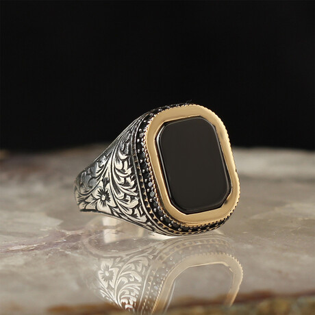 925 Sterling Silver Onyx Stone Men's Ring V2 // Silver + Black (6.5)