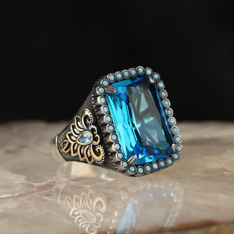 925 Sterling Silver Aquamarine Stone Men's Ring V2 // Silver + Blue (6.5)
