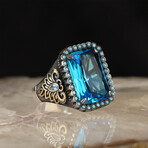 925 Sterling Silver Aquamarine Stone Men's Ring V2 // Silver + Blue (10)