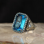 925 Sterling Silver Aquamarine Stone Men's Ring V2 // Silver + Blue (10)