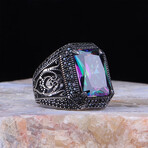 925 Sterling Silver Mystic Topaz Stone Men's Ring V1 // Silver + Black + Purple + Green (7.5)