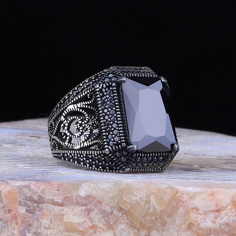 925 Sterling Silver Black Zircon Stone Men's Ring V1 // Silver + Black (6.5)