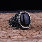 925 Sterling Silver Onyx Stone Men's Ring V1 // Silver + Black (10.5)