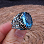 925 Sterling Silver Aquamarine Stone Men's Ring V1 // Silver + Blue (6.5)