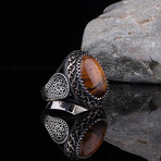 925 Sterling Silver Tiger's Eye Stone with Sword Details Men's Ring // Silver + Brown (9.5)