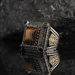 925 Sterling Silver Square Tiger's Eye Stone Men's Ring // Silver + Brown (10.5)