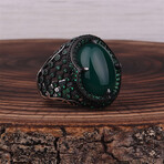 925 Sterling Silver Green Agate Stone Men's Ring // Silver + Green (6.5)