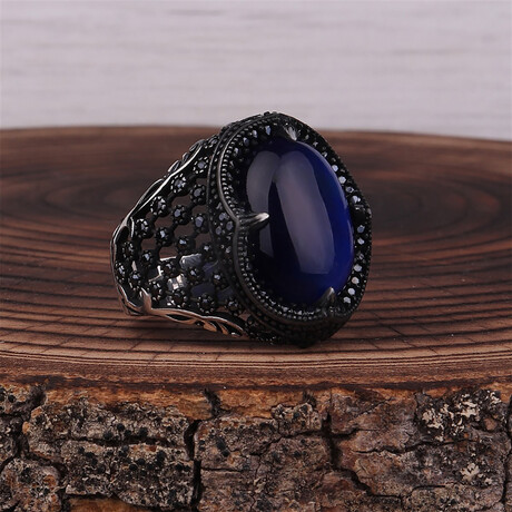 925 Sterling Silver Blue Tiger's Eye Stone Men's Ring // Silver + Blue (6.5)