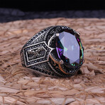 925 Sterling Silver Mystic Topaz Stone Men's Ring V2 // Silver + Black + Purple + Green (7.5)