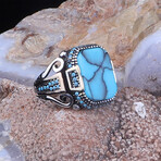 925 Sterling Silver Square Turquoise Stone Men's Ring V2 // Silver + Blue (9.5)