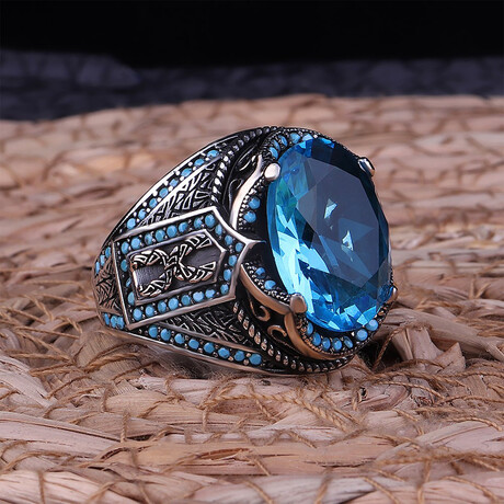 925 Sterling Silver Aquamarine Stone Men's Ring V1 // Silver + Blue (6.5)