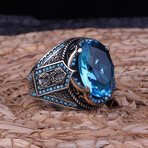 925 Sterling Silver Aquamarine Stone Men's Ring V1 // Silver + Blue (6.5)