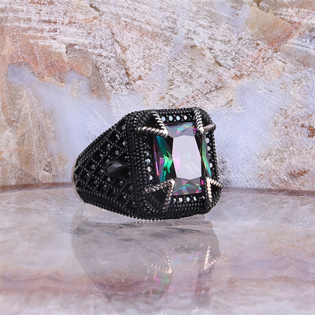 925 Sterling Silver Mystic Topaz Stone Men's Ring // Silver + Purple + Green + Blue (6.5)