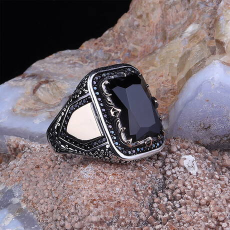 925 Sterling Silver Black Zircon Stone Men's Ring V2 // Silver + Black (6.5)
