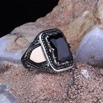925 Sterling Silver Black Zircon Stone Men's Ring V2 // Silver + Black (8)