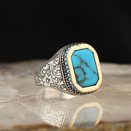 925 Sterling Silver Turquoise Stone Men's Ring // Silver + Blue (6.5)