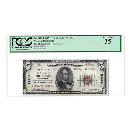 1929 Small Size National Bank Note // Hillsdale, New Jersey // PMG Certified VF35