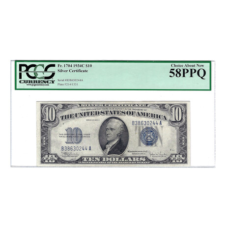 1934C $10 Small Size Silver Certificate // PCGS Certified // AU58 EPQ
