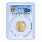 1909-D $2.5 Gold Indian Quarter Eagle // PCGS & CAC Certified MS63 // Wood Presentation Box